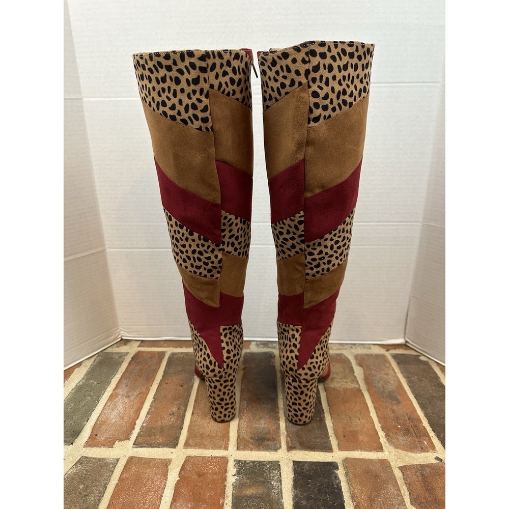 Bamboo Leopard Print Tall Boots Brown Burgundy High Heel Pointy Toe Women's 9 - Picture 5 of 7